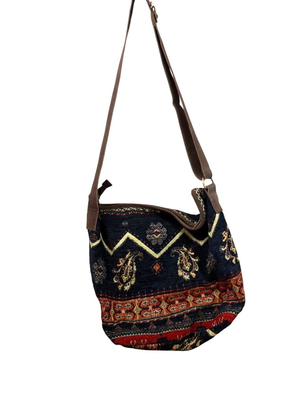 Coldwater Creek shoulder bag features a navy blue tapestry fabric with a vibrant